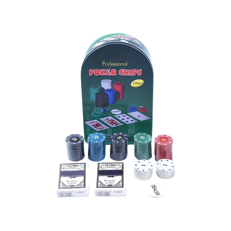 Set Profesional de Fichas de Póker en Caja Arco Metálica Verde con 120 Fichas, Cartas y Botón de Dealer