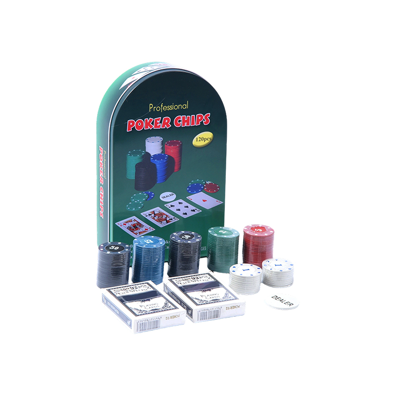 Set Profesional de Fichas de Póker en Caja Arco Metálica Verde con 120 Fichas, Cartas y Botón de Dealer