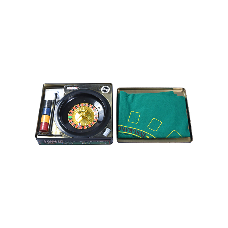 Set de Juegos de Casino 5-en-1 - Ruleta, Póker, Blackjack, Craps, Dados Póker en Lata Metálica