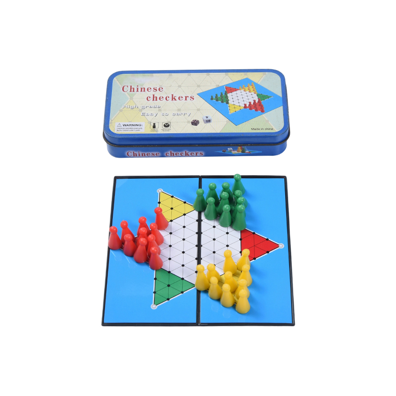 Juego de Damas Chinas Portátil en Caja de Lata Metálica Azul