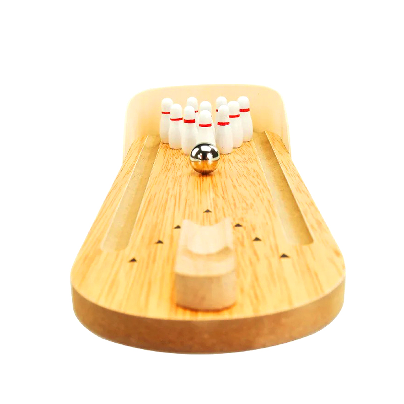 Set Compacto de Madera con Pelota de Acero y Pines - Juego de Bowling Mini de Escritorio