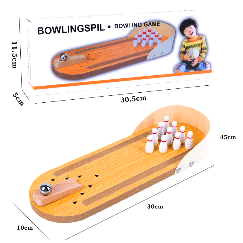 Set Compacto de Madera con Pelota de Acero y Pines - Juego de Bowling Mini de Escritorio