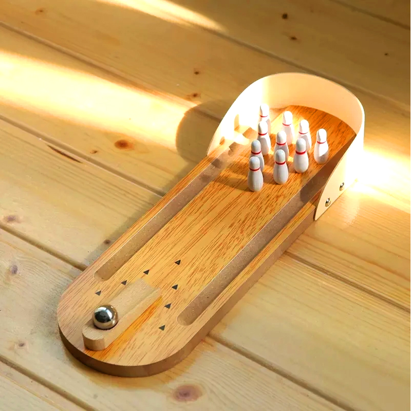 Set Compacto de Madera con Pelota de Acero y Pines - Juego de Bowling Mini de Escritorio