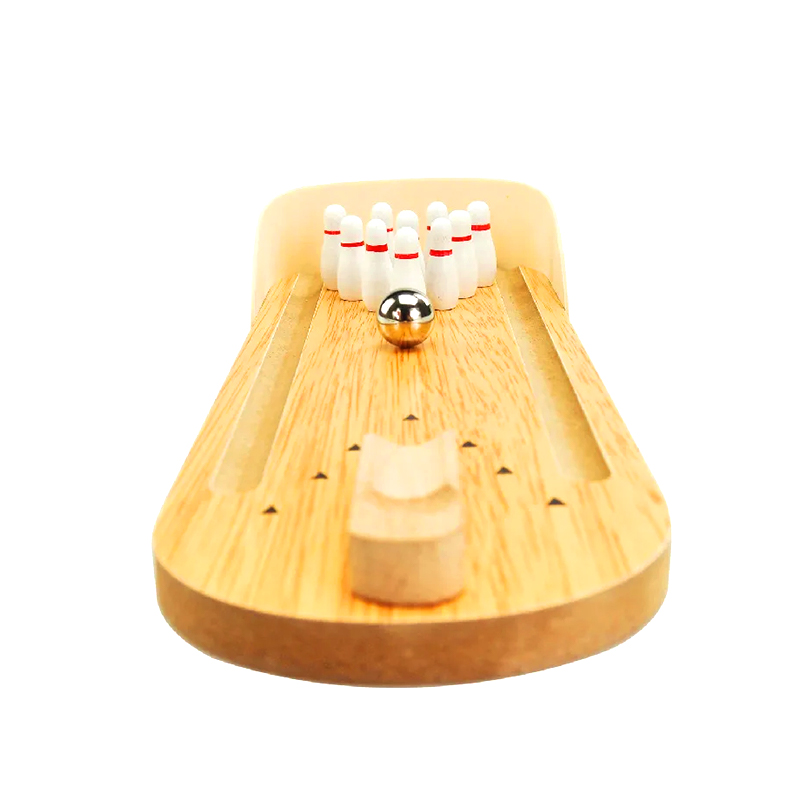 Set Compacto de Madera con Pelota de Acero y Pines - Juego de Bowling Mini de Escritorio