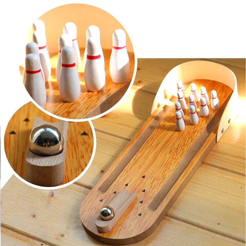 Set Compacto de Madera con Pelota de Acero y Pines - Juego de Bowling Mini de Escritorio